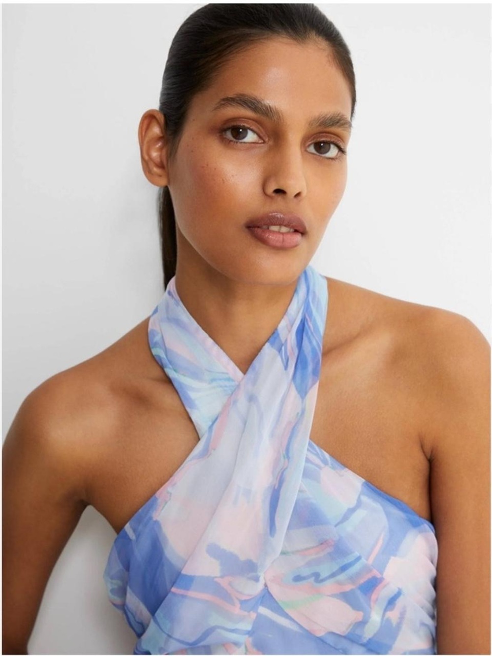 French Connection Blue and Pink Abstract Halter Scarf Top